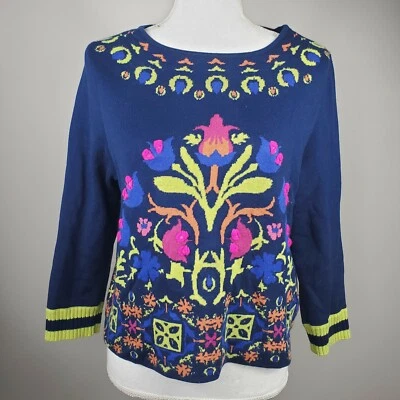 Suéter Recortado Anthropologie HWR Cuello Redondo Talla M Azul Bordado Floral Foto 1 de 4
