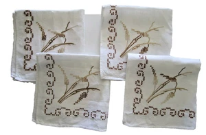 Vtg Linen Napkins Set of 4 Cross Stitch Wheat 15" Sq Thanksgiving Table Decor - Picture 1 of 10