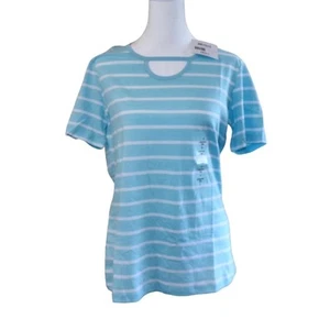 Striped Keyhole Neck Robin's Egg Blue 100% Cotton Top Womens Size S - Imagen 1 de 3