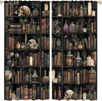 Libro de biblioteca gótica cortinas opacas, estantería retro calavera velas florales hogar Foto 1 de 4