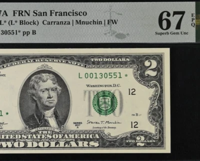 2017A $2 Federal Reserve Note - PMG 67EPQ - Solid Filled Star Error - Superb Gem - Image 1 of 3