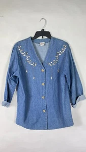 Top de jean vintage Liebe para mujer con botones bordado con joyas azul talla grande. - Imagen 1 de 16