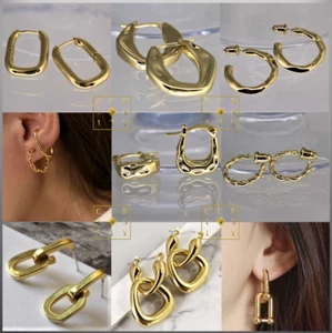 18K Yellow Gold Plated Jewelry Earring Jewellery O Shape Hoop Ulink Studs Chunky - Picture 1 of 75