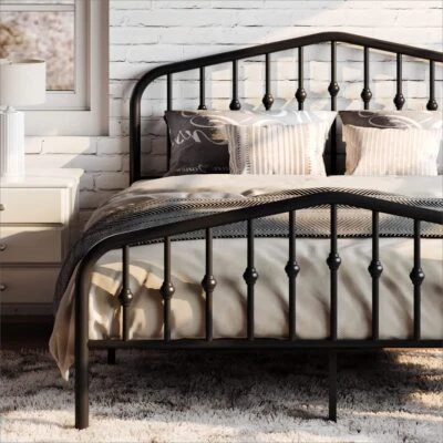 Queen Size Metal Bed Frame with Victorian Style Headboard/Footboard,Black - Image 1 of 4