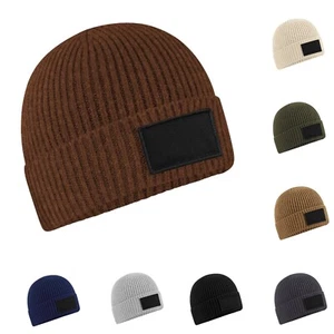 Ribbed Knit Beanie Hat Mens Women Plain Cuffed Cotton Patch Winter Knitted Cap - Picture 1 of 17
