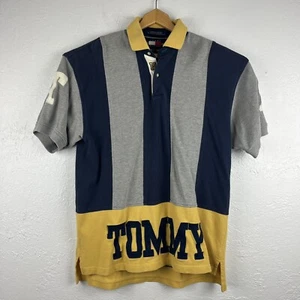 Vintage Tommy Hilfiger Men’s Polo Large Blue Gray Yellow Colorblock Big Spellout - Picture 1 of 14
