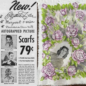 Vintage 1940er Elizabeth Taylor Fotografie Blumenmuster Rose Kopftuch Fransen selten - Bild 1 von 10