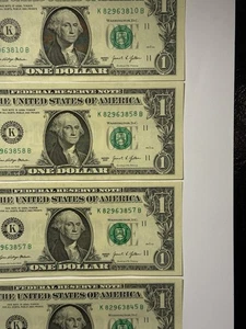 Error bomba de gas billete de un dólar $1 juego de 4 billetes UNC nítido mismo distrito y negro - Imagen 1 de 10