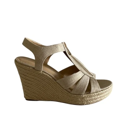 Michael Kors Berkley Espadrille Wedge Sandal 8.5 Platform Pale Gold Canvas - Image 1 of 4