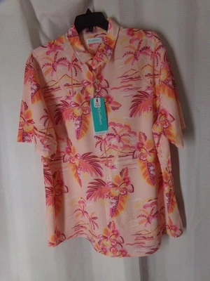 CARIBBEAN Roundtree Yorke Hawaiian print Shirt 2XB Peach pink Tropical flowers P - Image 1 of 4
