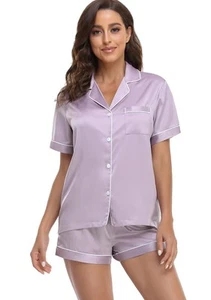 Women's Satin Pajama Set 2-Piece Sleepwear Loungewear Button Down Short Sleev... - Picture 1 of 6