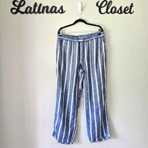 Charter Club Luxury Linen Striped Intrepid Blue Straight-Leg Pants Size Large - Picture 1 of 8