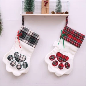 Christmas Gift Bags Pet Dog Cat Paw Stocking Socks Plaid Xmas Tree Ornaments Red - Picture 1 of 12