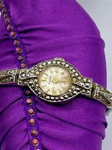 Vintage 925 Sterling Silver Watch Ladies 7 Jewels Marcasite 1960' - Picture 1 of 12