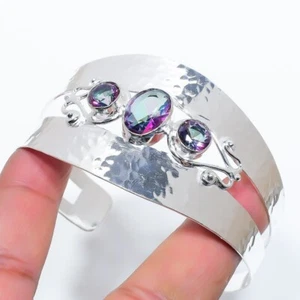 Mystic Topaz Gemstone 925 Sterling Silver Jewelry Adjustable Cuff Bracelet