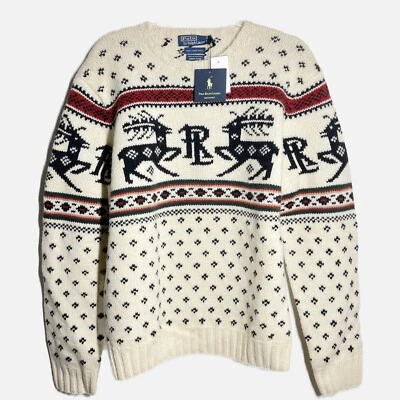 Nuevo con etiquetas Suéter Polo Ralph Lauren Años 90 Tejido a Mano 100% Lana Corderos Ciervo Foto 1 de 4