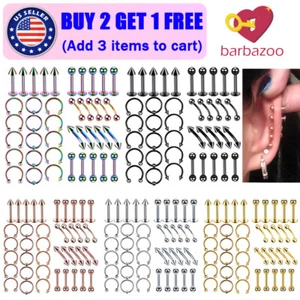 40/60PCS Piercing Kit 316L Steel Nose Septum Rings Belly Tongue Lip Stud 14G 16G - Picture 1 of 14