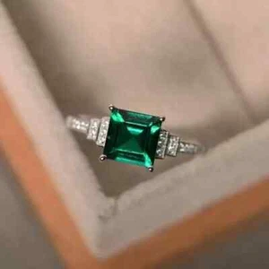 2.10 Ct Princess Natural Emerald & Diamond Engagement Ring 14K White Gold Solid - Picture 1 of 4