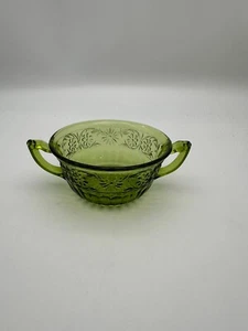 Green Pressed Glass Double Handle Cup Floral Decor 4.5" w x 2.5 h - Picture 1 of 7