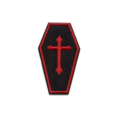 Black Coffin With Red Cross Embroidered Iron On Patch DIY Applique - Image 1 of 2
