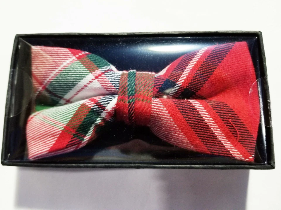 MENS BOW TIE RED AND GREEN FLANNEL TIE STRIPE TIE PRE-TIED BOW WITH CLIP  - Image 1 of 1