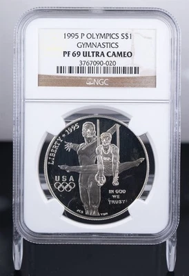 Certified 1995-P Silver $1 NGC PF69 Ultra Cameo Olympics Gymnastics  - Image 1 of 4