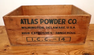 Caja de madera vintage ATLAS Powder Co. High Explosives, en muy buena condición, Wilmington, DE - Imagen 1 de 7