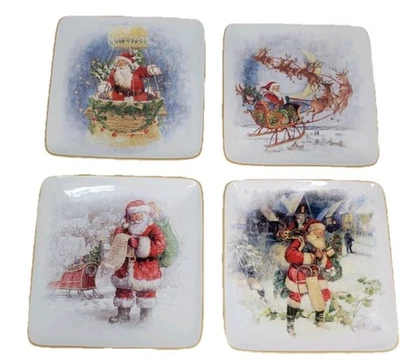 Pottery Barn Christmas Nostalgic Santa Winter Sleigh Reindeer Appetizer 4 Plates - Image 1 of 4