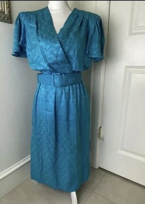 Vestido Vintage Años 80 90 Liz Claiborne Azul Seda Cinturón Talla 10 Mangas Mariposa Foto 1 de 3