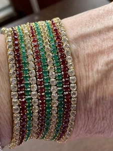 10 Goldtone Metal Stretch Tennis Bracelets With Clear, Red, Green Rhinestones  - Picture 1 of 3