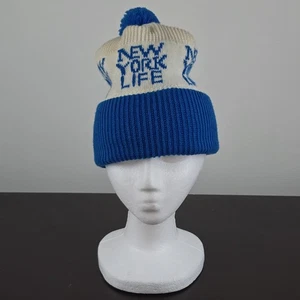 Vintage New York Life Strick Bommel Beanie blau weiß Wintermütze Erwachsene Large - Bild 1 von 5