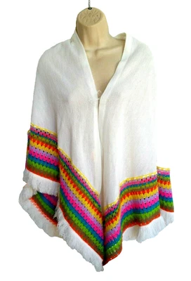 Poncho Glentex Chal Envolvente Blanco Arco Iris Boho Japón De Colección Años 70 Foto 1 de 4