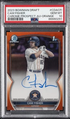2023 BOWMAN DRAFT CHROME PRSPCT AUTO ORANGE REFRACTOR CAM FISHER 18/25 PSA 10 - Image 1 of 2