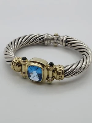 David Yurman Noblesse Blue Topaz 14kt Gold/ Silver Cable Bangle bracelet  - Image 1 of 4
