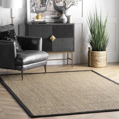 3x5 Elijah Seagrass Area Rug, Black, Solid Farmhouse Style, Cotton Bordered, ... - Image 1 of 4