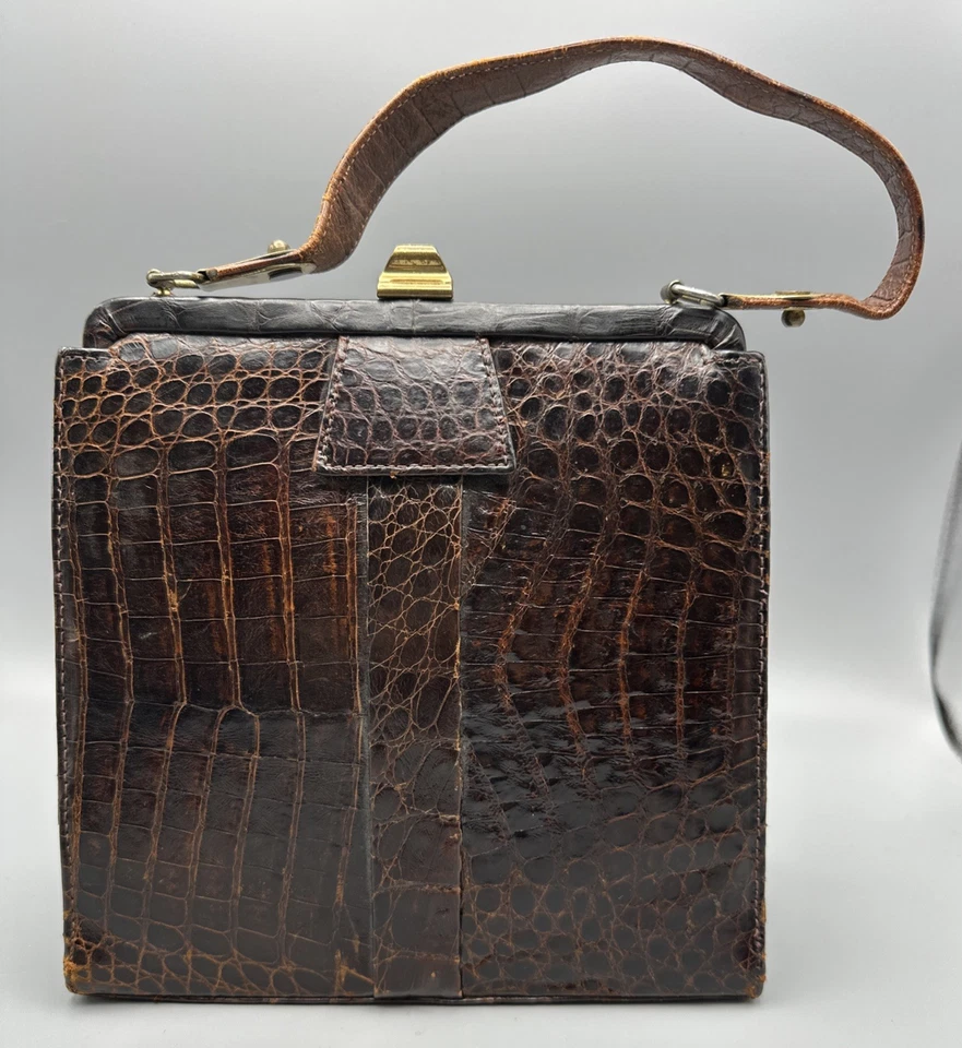 Bolsa de mão designer vintage 1950 marrom jacaré couro interior MDT - Imagem 1 de 4
