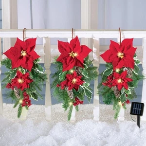 Set of 3 Solar Lighted Christmas Evergreen Poinsettia Hangers Porch Fence Décor - Picture 1 of 2