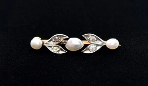 Broche prendedor Art Deco de 1920, oro de 14 quilates, diamante talla mina antigua y perlas de agua dulce - Imagen 1 de 4