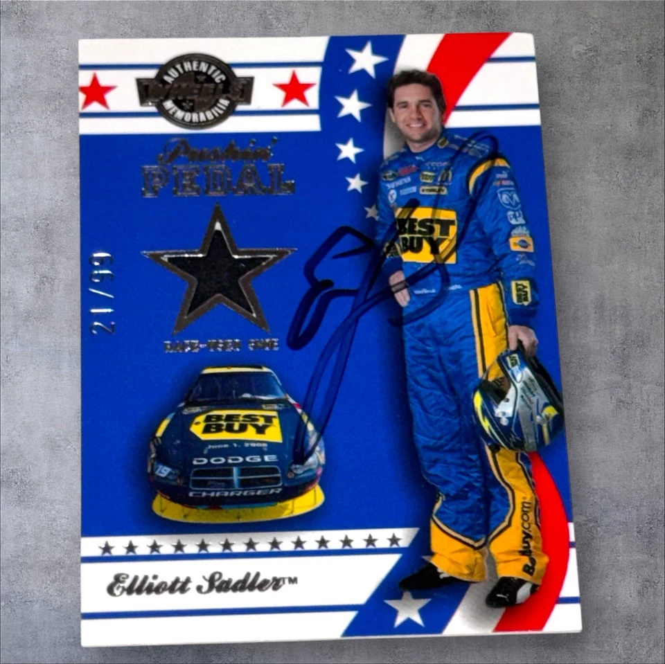 Elliott Sadler 2008 WHEELS RACE USED PUSHIN PEDAL SHOE #21/99 signed NASCAR card - Image 1 of 1