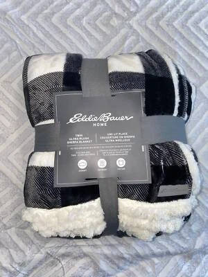 Eddie Bauer Twin Ultra Plush Sherpa Black White Buffalo Mountain Plaid Blanket - Image 1 of 4