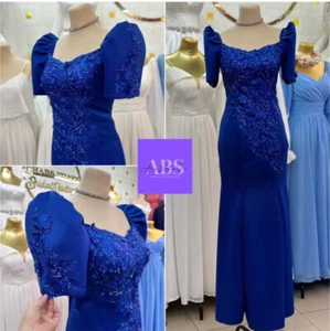 Blue Modern Filipiniana Long Dress Mestiza Sleeve - Picture 1 of 5