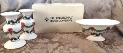 International Silver Co 2 Candle Holders & Candy Dish Christmas Holiday - Image 1 of 4