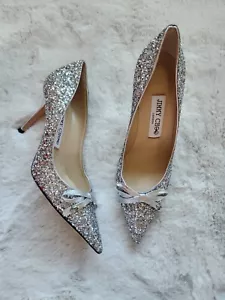 NWD JIMMY CHOO ROMY 85 Pumps Bow Glitter Size EU 35.5 Silver - Picture 1 of 12