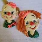 Chalkware Clown Face Placques Vintage Ensco Big Eyed Boy And Girl