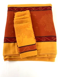 French Jacquard Woven Tablecloth 7 Napkins Set Yellow Red-Orange Cotton France - Picture 1 of 12