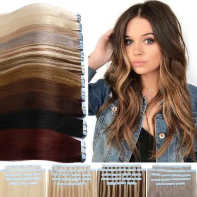 14"-24" Russian Tape In Human Hair Extensions Thick Skin Weft Full Head Ombre 8A - Image 1 of 4