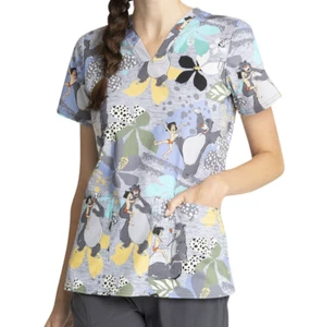 Tooniforms Disney Jungle Book V Neck Scrub Medical Uniform Top Mowgli Baloo NWT - Picture 1 of 5