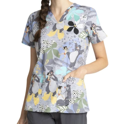 Tooniforms Disney Jungle Book V Neck Scrub Medical Uniform Top Mowgli Baloo NWT - Image 1 of 4