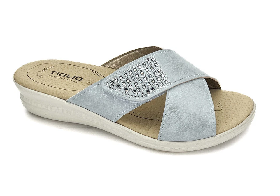 TIGLIO 2312 ARGENTO BEIGE BLU NUDE PANTOFOLE CIABATTE DONNA ESTIVE A STRAPPO - Immagine 1 di 4