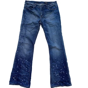 Express Denim Mia Jeans Women Sz 10 Low Rise Boot Bootcut Paint Platter Blue VTG - Picture 1 of 13